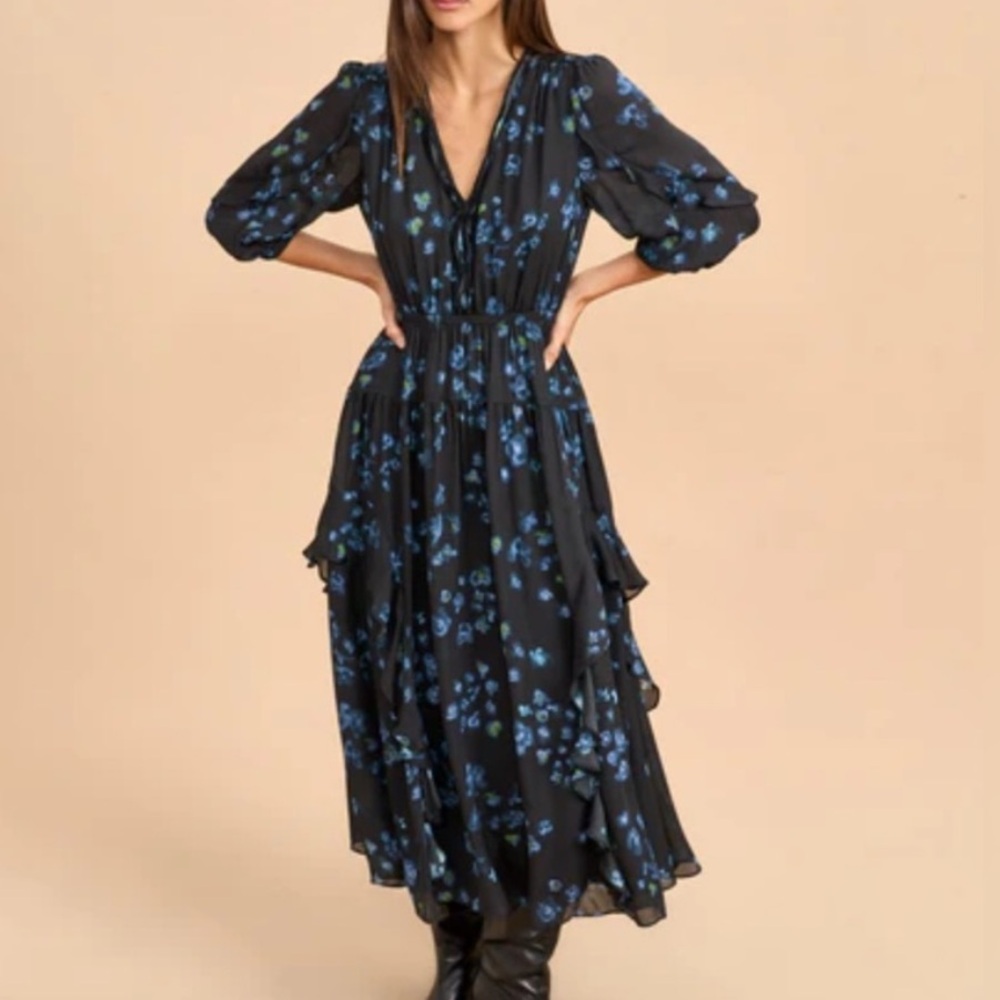 La Ligne Silk Floral Print Ruffle Maxi Dress